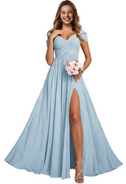 Off-the-shoulder bridesmaid dresses - long, slit, chiffon evening gowns for dinner parties, proms, and sisterhood events