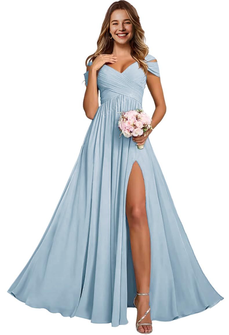 Off-the-shoulder bridesmaid dresses - long, slit, chiffon evening gowns for dinner parties, proms, and sisterhood events