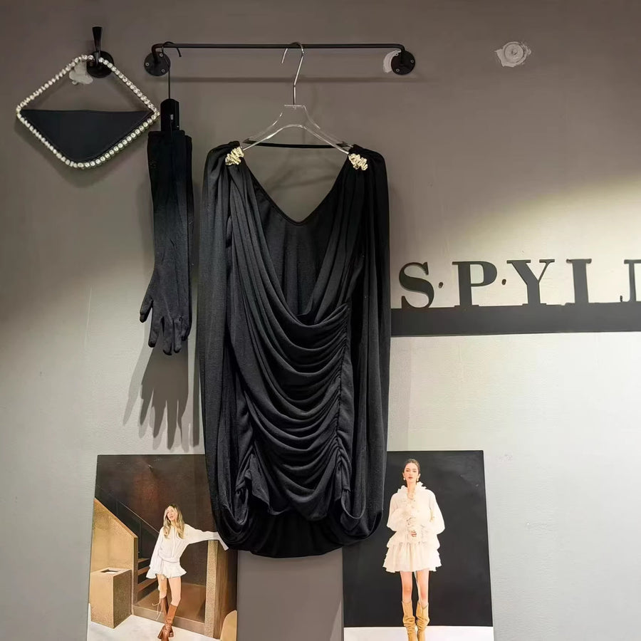 Plunge-Neck Draped Mini Dress — Sculptural Ruching with a Cowl Back