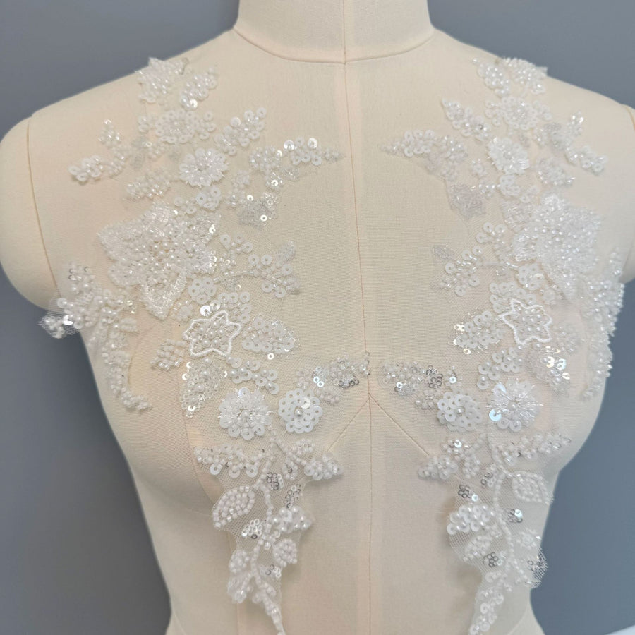 Zh427 pair of white pearl flower sequin embroidery appliques - accessories for clothing, handmade dresses, wedding gowns, diy bridal outfits