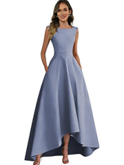 Women's solid color satin sleeveless fitted evening gown for export - amazon style cocktail party bridesmaid dress - high-low hem