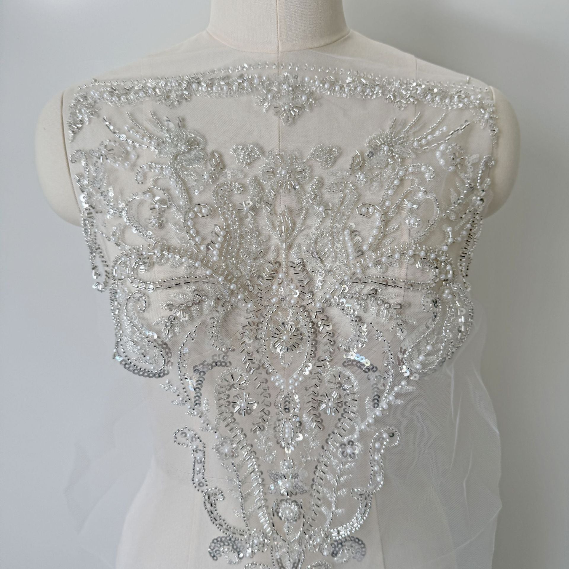 Heavy embroiderlace flower patch silver beads sequin pearl cloth patch diy wedding dress zh322