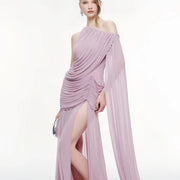 One-Shoulder Ruched Evening Gown — A Thigh-High Split with Trailing Draping