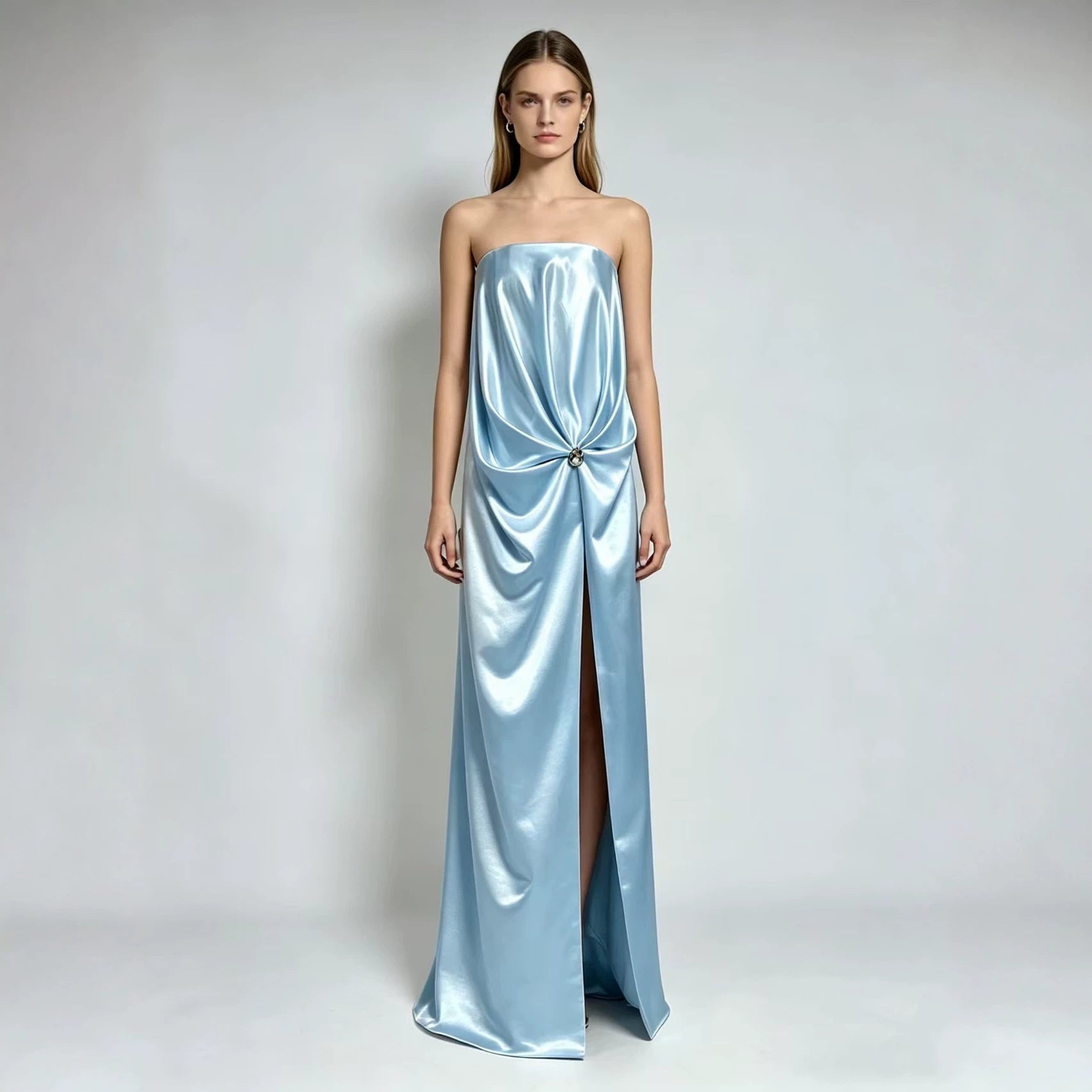 Strapless Satin Evening Gown — Fluid Draping with a Metallic Accent and High Split