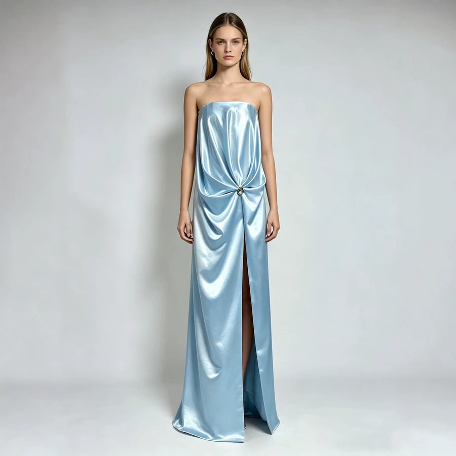 Strapless Satin Evening Gown — Fluid Draping with a Metallic Accent and High Split
