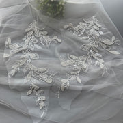 A pair of off-white sequin embroidered floral appliques for wedding dresses and formal gowns, decorative embellishments, lace flower fabric patches, zh301