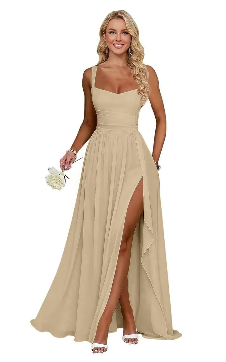 Chiffon suspender high slit long evening dress shoulder strap mop skirt bridesmaid annual meeting host dress banquet dress
