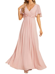 European and american style v-neck chiffon long bridesmaid dress, butterfly sleeve cinched waist slimming evening gown, party hostess dress