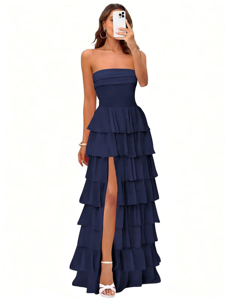 Cake skirt women's layered ruffles high slit long skirt sexy evening dress wedding bridesmaid dress tube top party dress