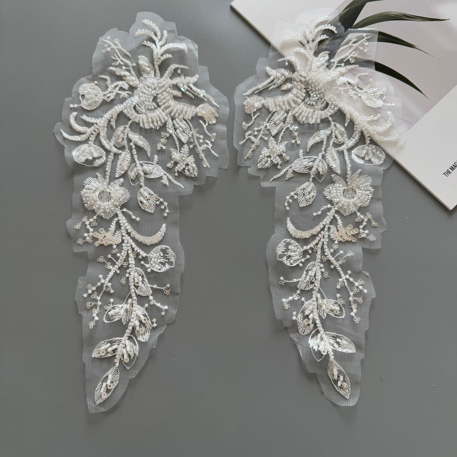 Beaded Sequin Appliqué Pair - White DIY Wedding Dress, Formal Gown & Children's Clothing Embellishment (ZH519)