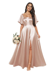 Satin square neck short-sleeved long evening dress, multiple colors available, sister group toast dress, annual meeting host, classy banquet