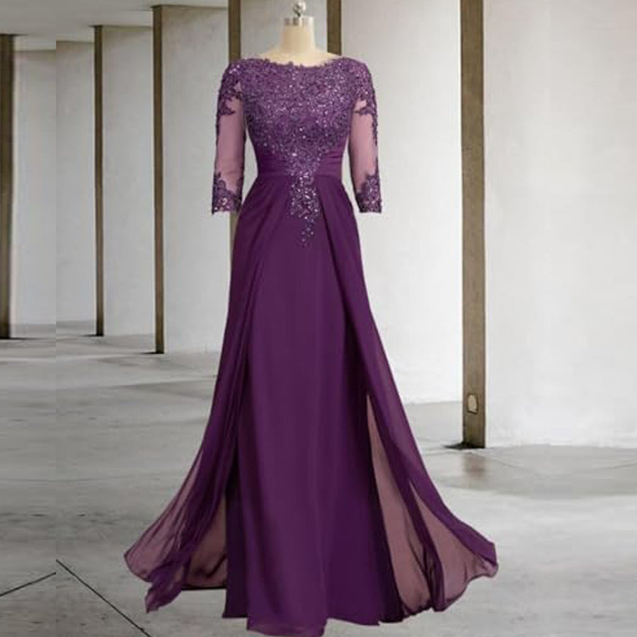 Cross-border lace patchwork long evening dress women's three-quarter sleeve banquet host bridesmaid dress new arrival elegant slimming evening gown