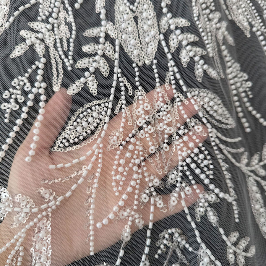 High-End Beaded Lace Fabric Trim with Pearl Embellishments - White Embroidered Floral DIY Wedding Dress & Apparel (ZH478)