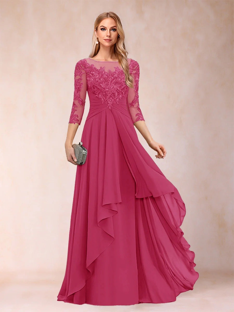 Chiffon lace patchwork mid-sleeve evening gown - round neck a-line floor-length dress - perfect for mothers, mothers-in-law, and hostesses