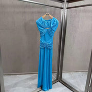 High-Neck Ruched Evening Gown — Sculpted Shoulders with Gathered Hip Draping