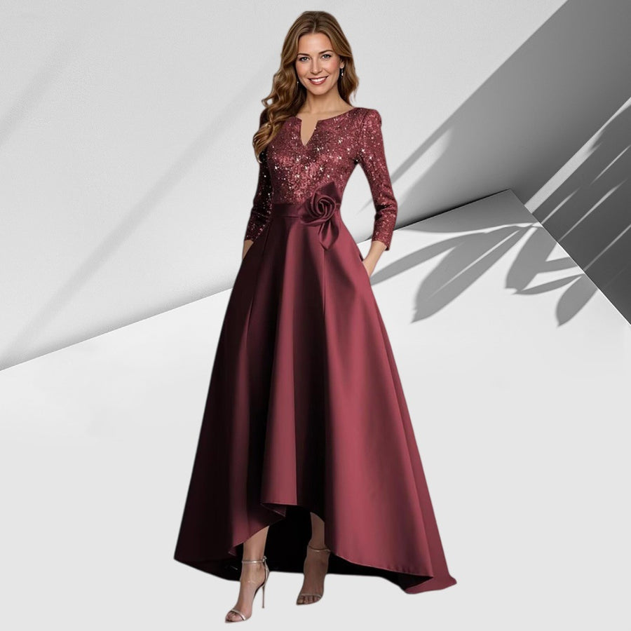 European and american style plus size evening gown for women, sequined satin high-low floor-length dress, wedding mother of the bride outfit, new year's gala performance dress