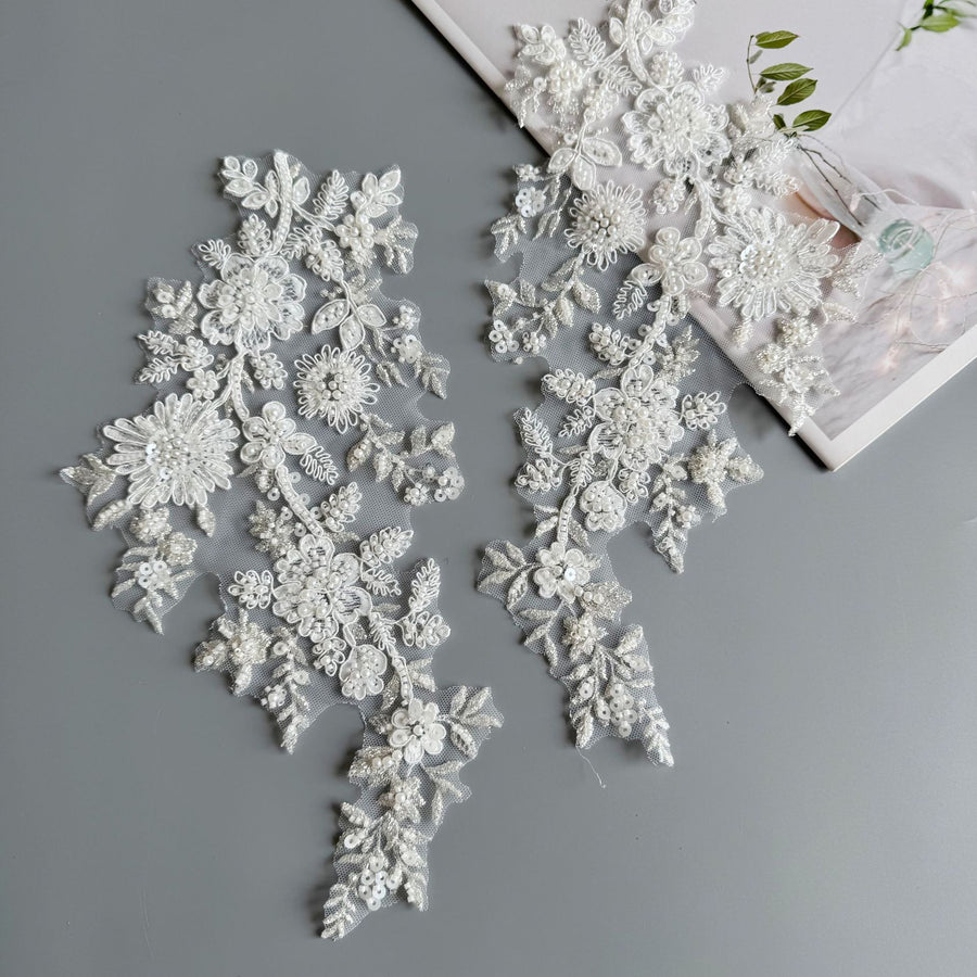 White Embroidered Beaded Lace Appliqué - DIY Bridal Headdress & Wedding Dress Accessory