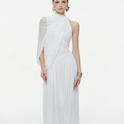 Asymmetric Draped Maxi Dress — High-Neck Elegance with a Cape Detail