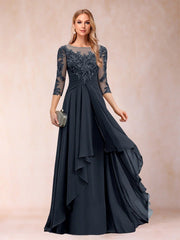 Chiffon lace patchwork mid-sleeve evening gown - round neck a-line floor-length dress - perfect for mothers, mothers-in-law, and hostesses