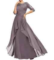 New chiffon lace long evening gown - round neck, mid-sleeve, slimming design - perfect for weddings, bridesmaids, dinner parties, or mother of the bride