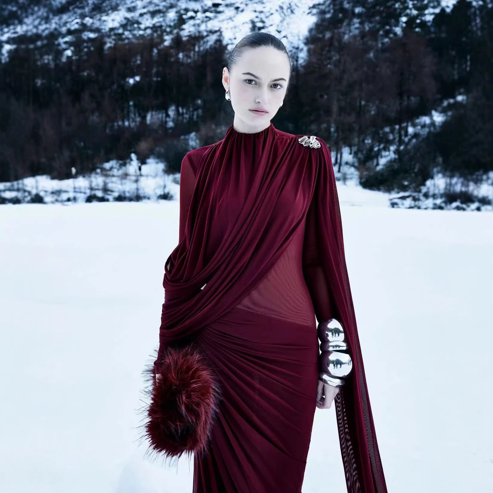 High-Neck Cape Evening Gown — Dramatic Draping with a Trailing Cape