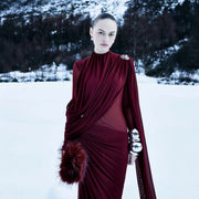 High-Neck Cape Evening Gown — Dramatic Draping with a Trailing Cape