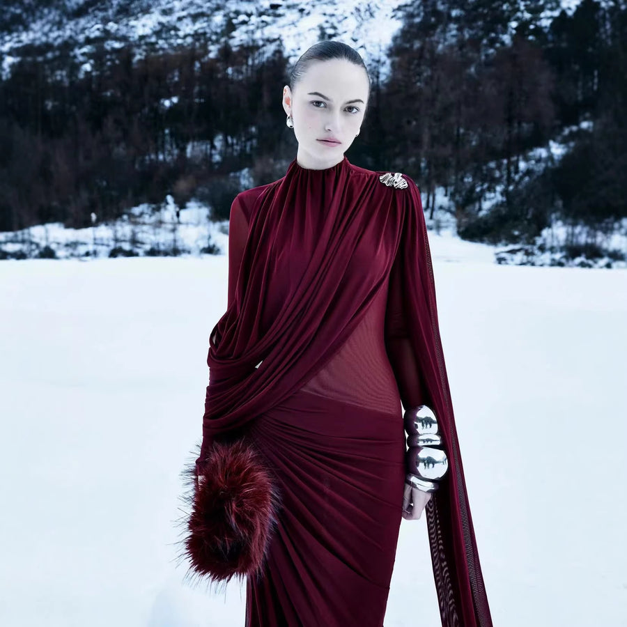 High-Neck Cape Evening Gown — Dramatic Draping with a Trailing Cape