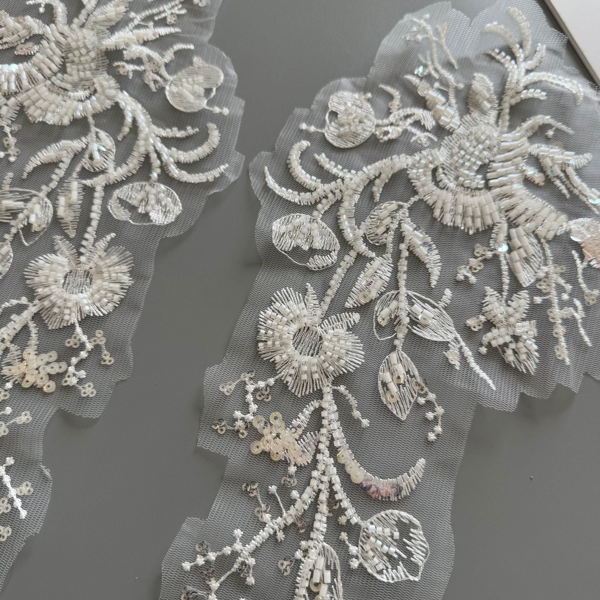 Zh519 pair of beaded sequin appliques - white - diy embellishments for wedding dresses, formal gowns, and children's clothing
