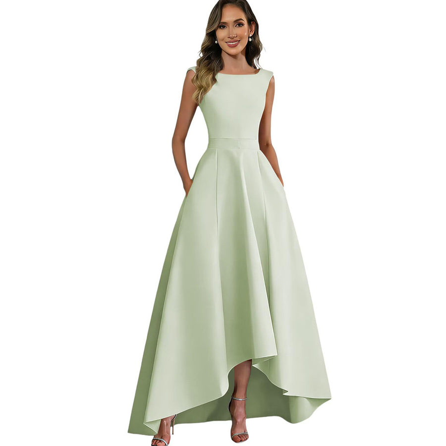 Women's solid color satin sleeveless fitted evening gown for export - amazon style cocktail party bridesmaid dress - high-low hem