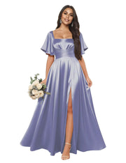 Satin square neck short-sleeved long evening dress, multiple colors available, sister group toast dress, annual meeting host, classy banquet