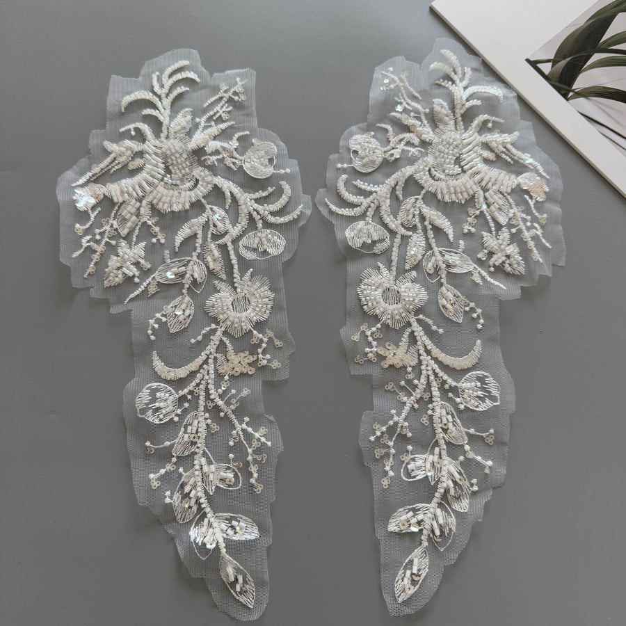Beaded Sequin Appliqué Pair - White DIY Wedding Dress, Formal Gown & Children's Clothing Embellishment (ZH519)