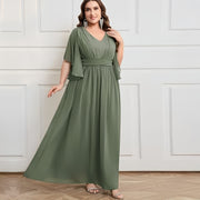 Plus size women's v-neck high-waisted a-line long evening gown/party dress - slimming and flattering - perfect for curvy moms (cross-border)