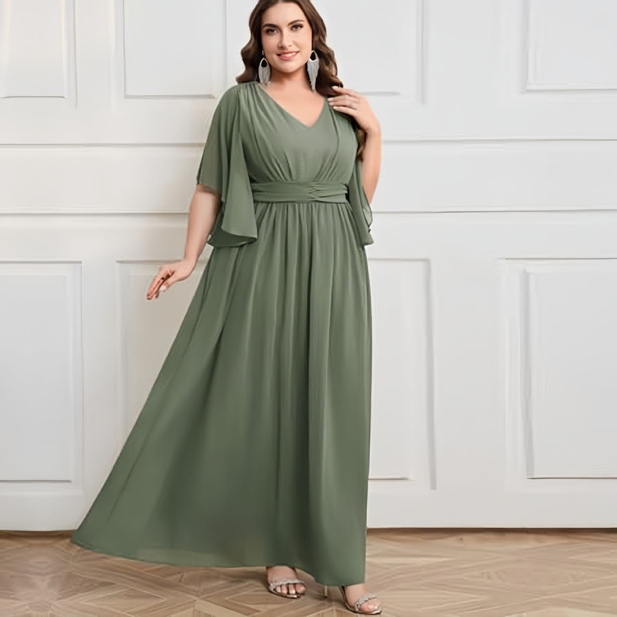 Plus size women's v-neck high-waisted a-line long evening gown/party dress - slimming and flattering - perfect for curvy moms (cross-border)