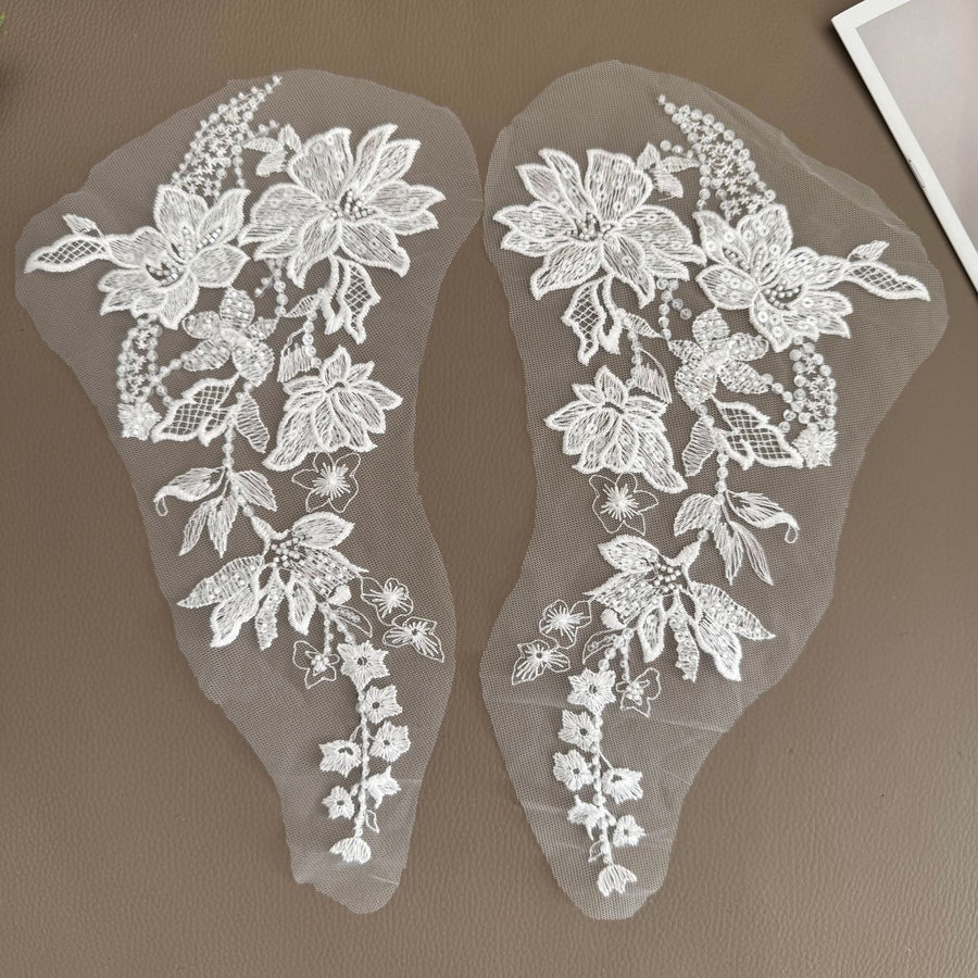 Floral Embroidered Lace Appliqué - Handmade DIY Wedding Dress, Veil & Accessory Patch, White (ZH505)