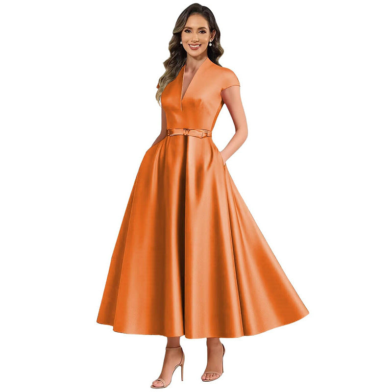 Fashion aliexpress export satin short banquet dress party bows evening dress wedding ladieswear church