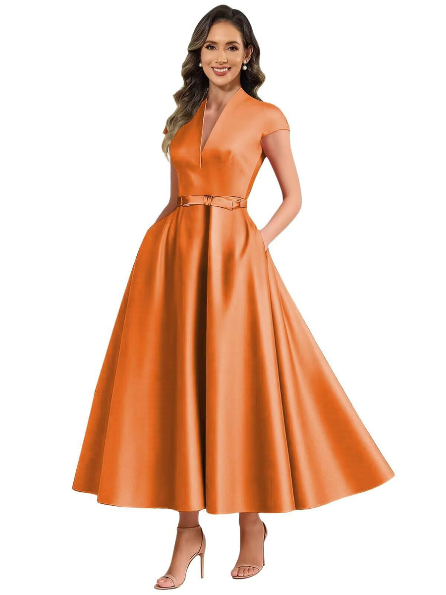 Fashion aliexpress export satin short banquet dress party bows evening dress wedding ladieswear church
