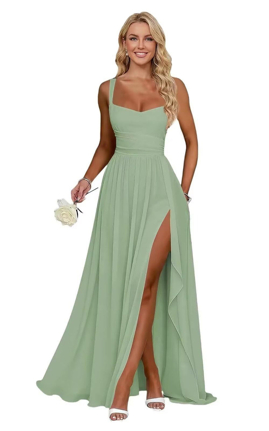 Chiffon suspender high slit long evening dress shoulder strap mop skirt bridesmaid annual meeting host dress banquet dress