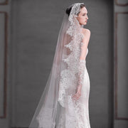 Black and white eyelash lace cathedral bridal veil with long wedding train made of soft chiffon tulle