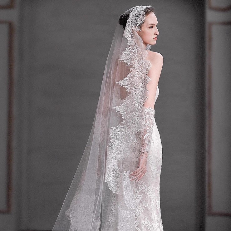 Black and white eyelash lace cathedral bridal veil with long wedding train made of soft chiffon tulle