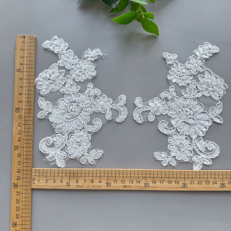 White Embroidered Beaded Lace Trim - DIY Bridal Headpiece & Wedding Dress Accessory