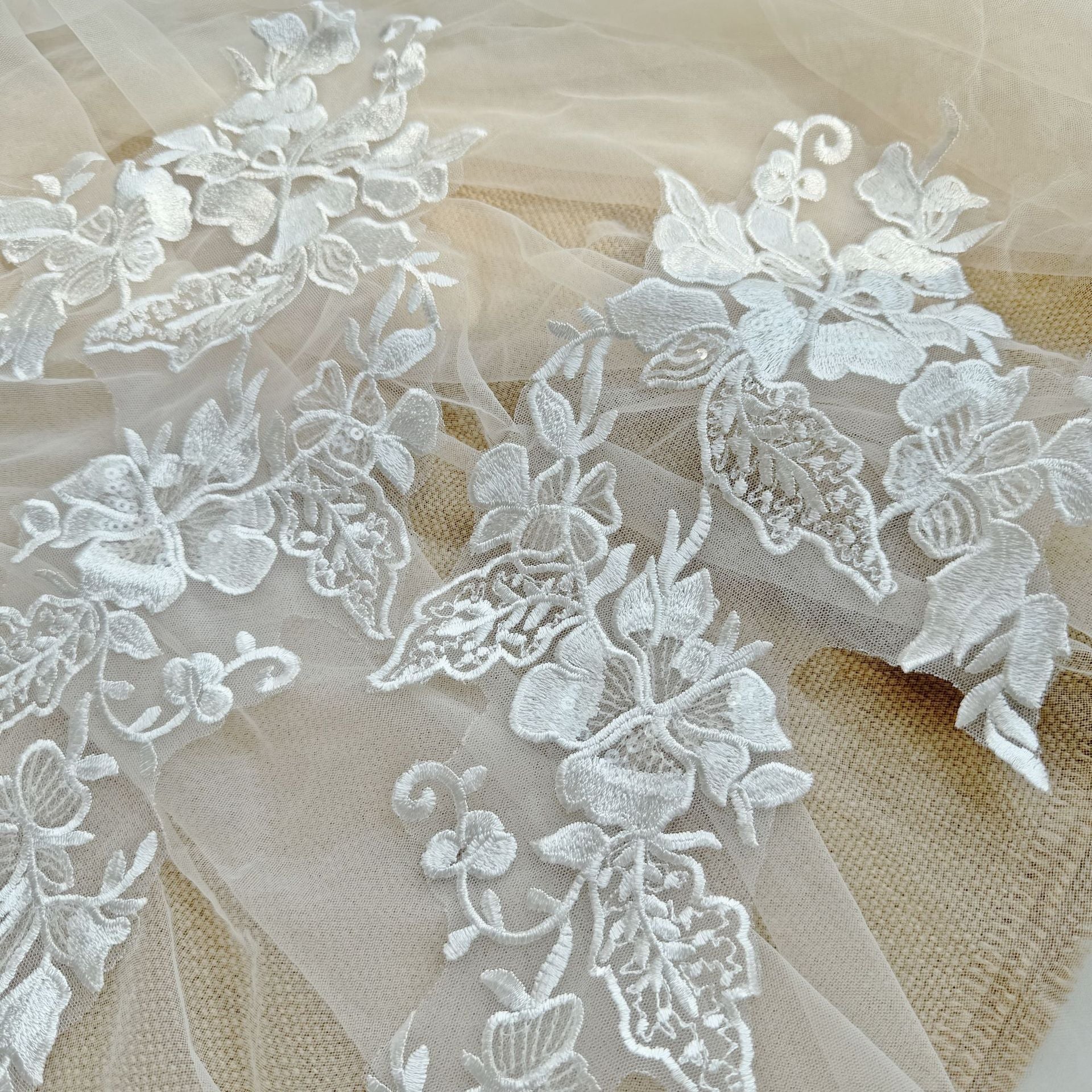 High-quality sequin embroidered lace floral appliqué trim - perfect for wedding dresses and bridal gowns (style zh312)
