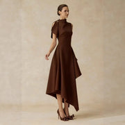 High-Neck Asymmetric Midi Dress — Layered Draping with a Metallic Shoulder Accent