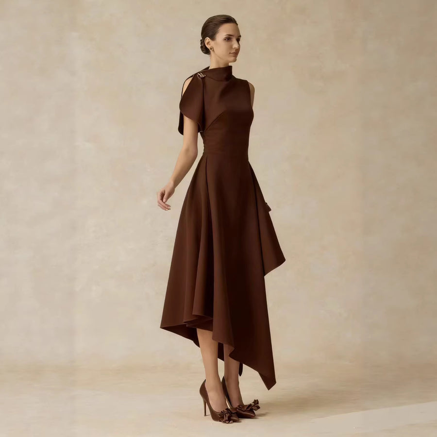 High-Neck Asymmetric Midi Dress — Layered Draping with a Metallic Shoulder Accent