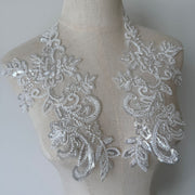 White Beaded Floral Lace Appliqué Pair – DIY Wedding Dress Front & Back Panel and Bridal Veil Embellishment (ZH361)