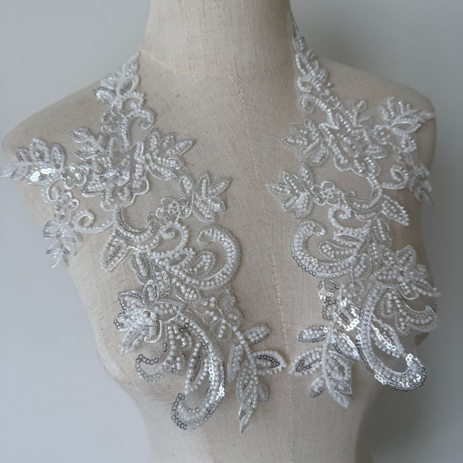 White Beaded Floral Lace Appliqué Pair – DIY Wedding Dress Front & Back Panel and Bridal Veil Embellishment (ZH361)