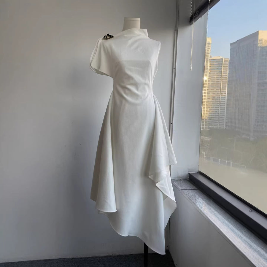 High-Neck Asymmetric Midi Dress — Layered Draping with a Metallic Shoulder Accent