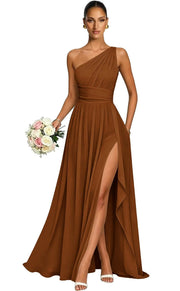 One shoulder chiffon long bridesmaid dress slit evening dress female sister group toast dress graduation performance dress factory direct supply