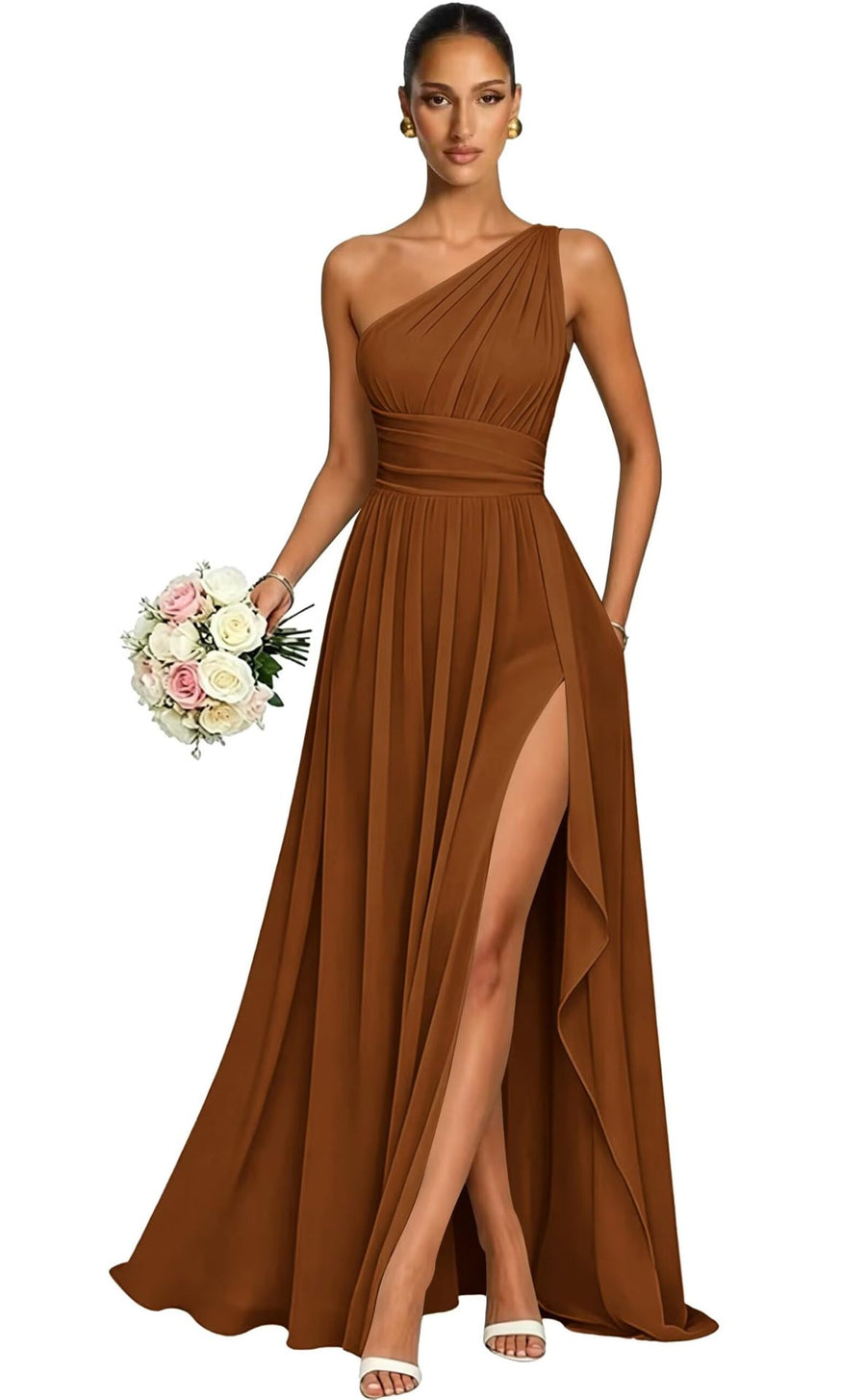 One shoulder chiffon long bridesmaid dress slit evening dress female sister group toast dress graduation performance dress factory direct supply