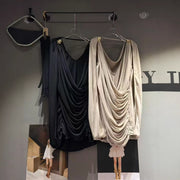 Plunge-Neck Draped Mini Dress — Sculptural Ruching with a Cowl Back