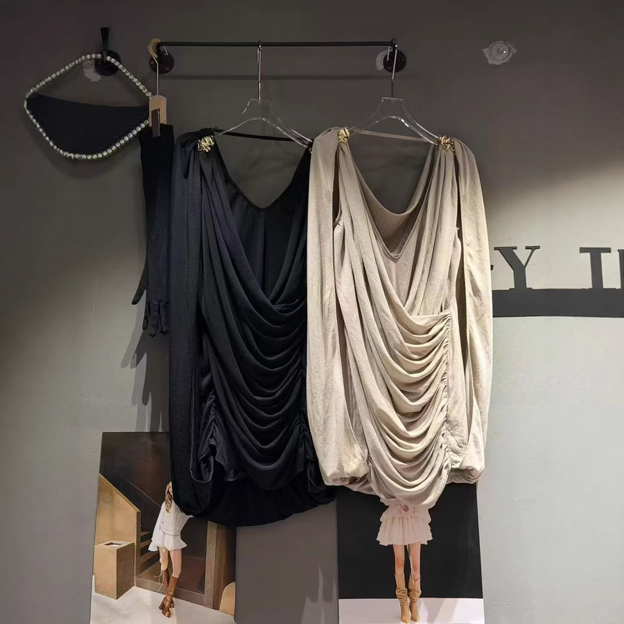 Plunge-Neck Draped Mini Dress — Sculptural Ruching with a Cowl Back